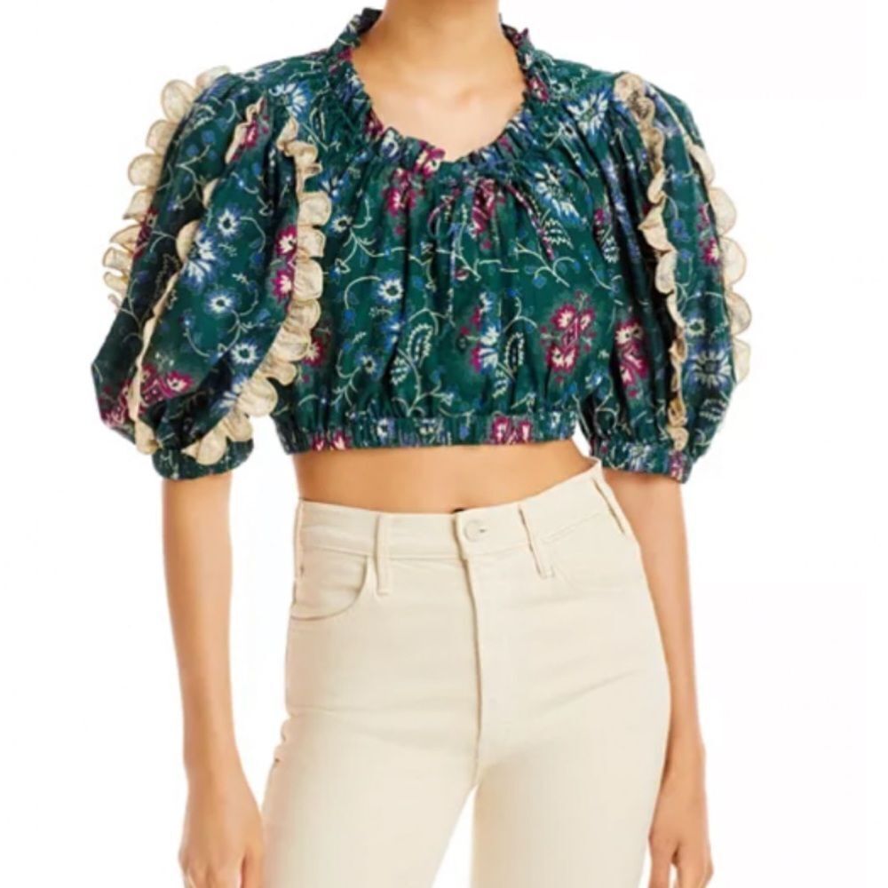 Sea New York Green Floral Off-Shoulder Blouse with Cream Lace Trim